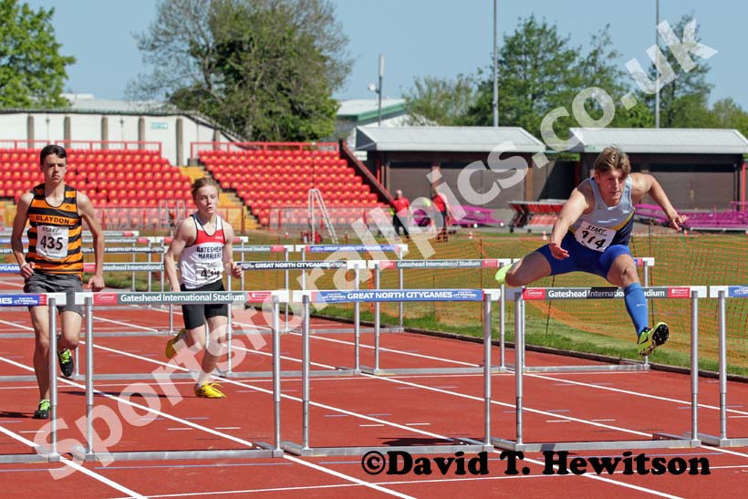 Oliver Whelans (Chester le Street) winning the under-17s 100 metres hurdles.
